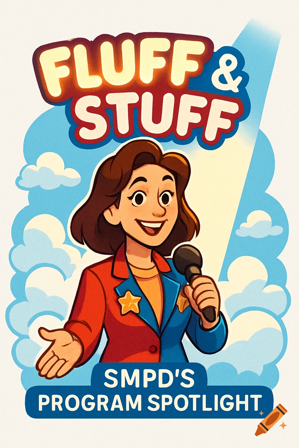 A vibrant cartoon of a smiling female show host holding a microphone, standing among fluffy clouds with the text 'Fluff & Stuff' and 'SMPD's Program Spotlight'.