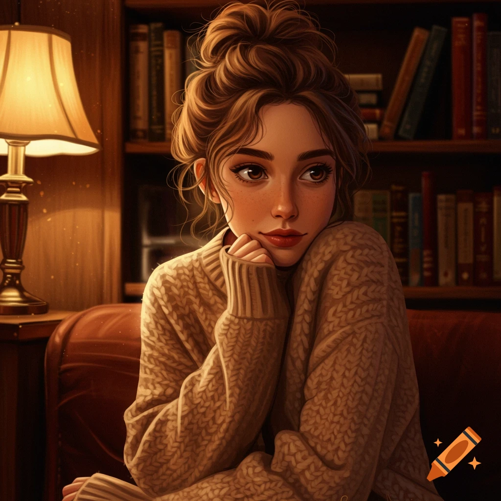An illustrated portrait of a young woman with a messy bun and brown hair, wearing a cozy sweater, in a dimly lit library.