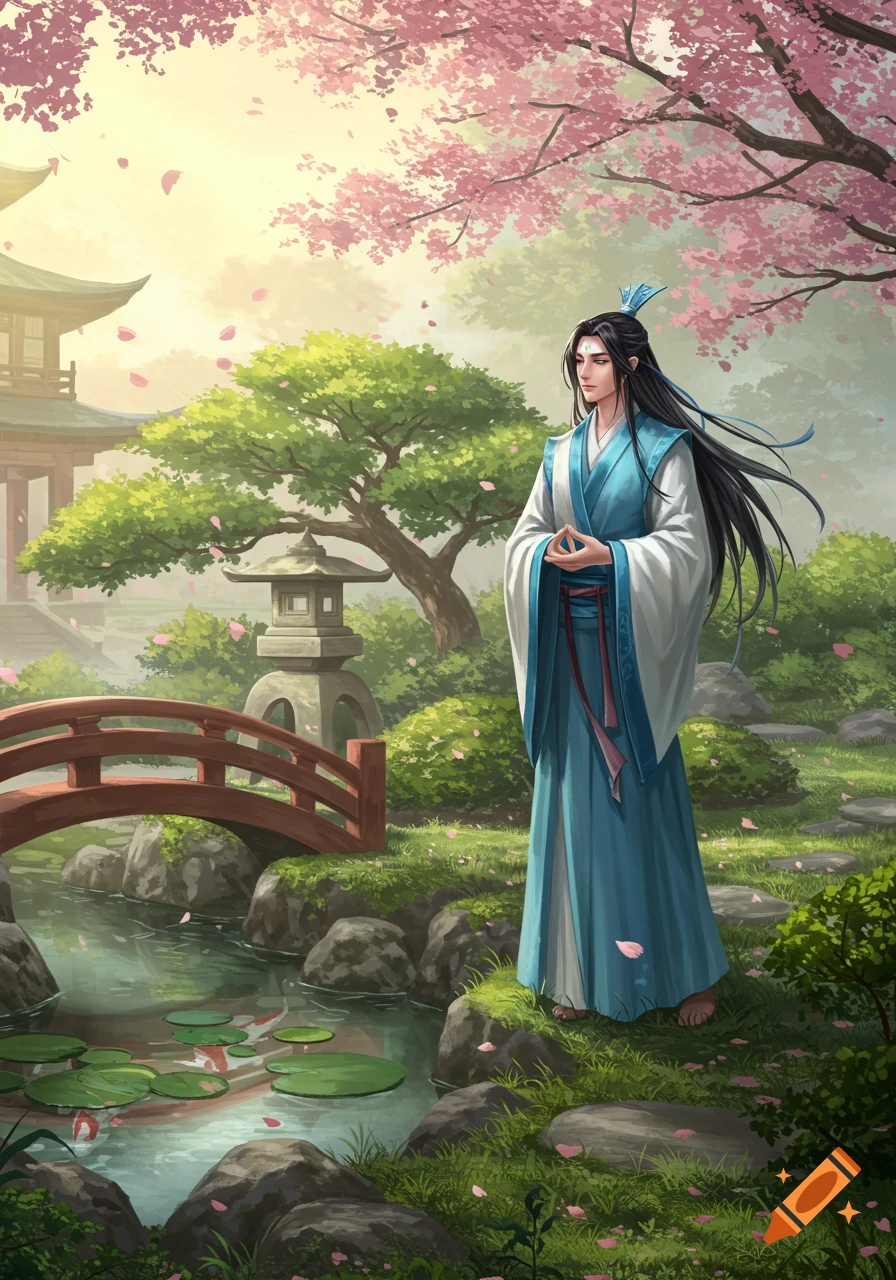 An anime-style illustration of a man in traditional blue and white robes standing in a lush Japanese garden with a red bridge, pond, and cherry blossoms.