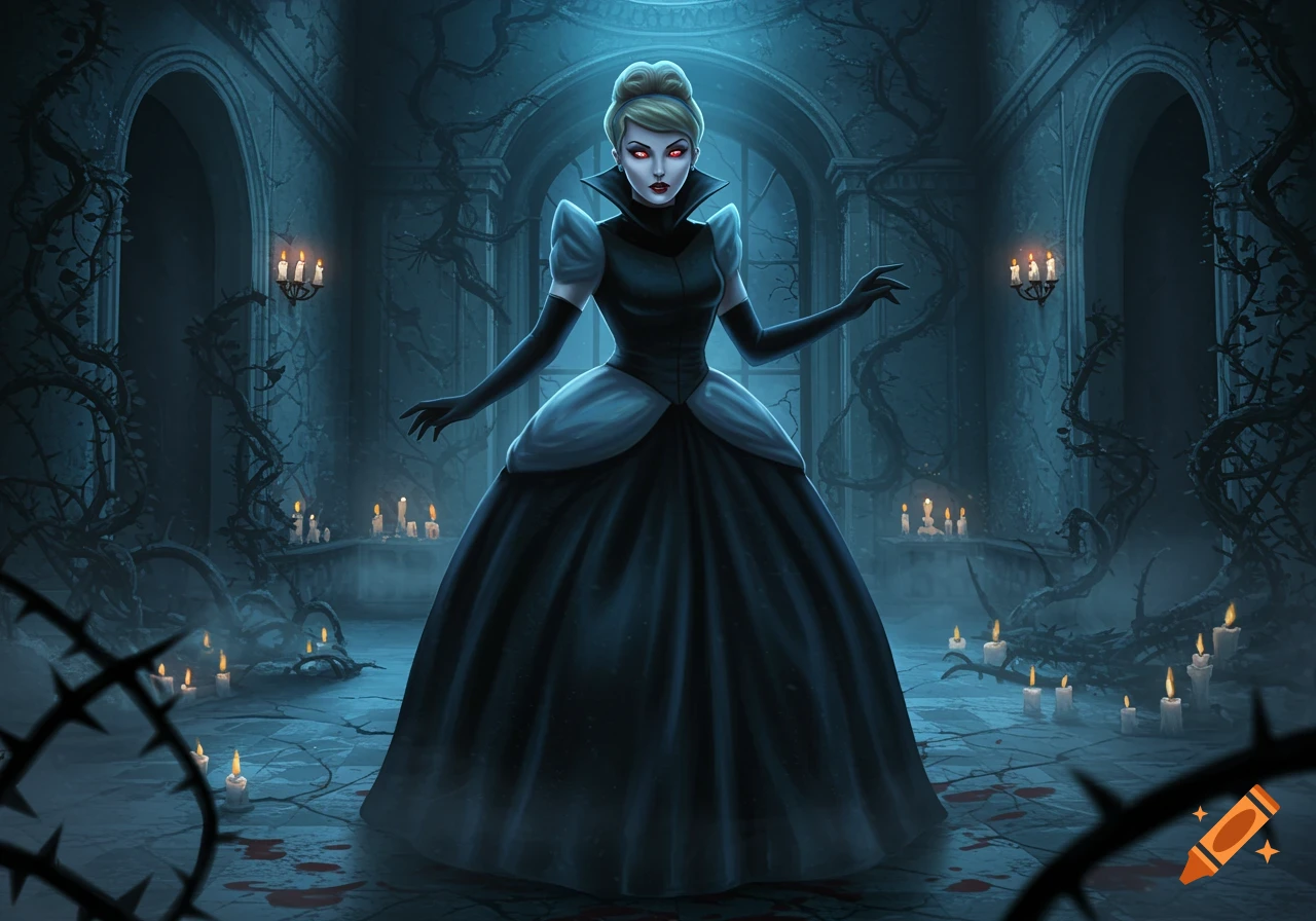 A woman with red eyes in a black gown stands in a dark, thorny hall with candles and blood on the floor. Dark fantasy art.