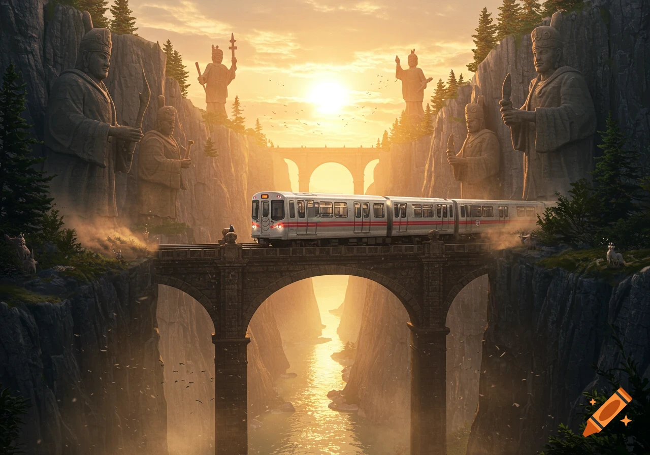 A modern train crosses an arched stone bridge over a river, surrounded by majestic mountains with towering ancient statues at sunset.