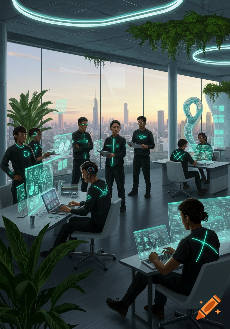 A group of people in a futuristic office with large windows overlooking a city skyline, working at desks with glowing holographic displays and laptops.