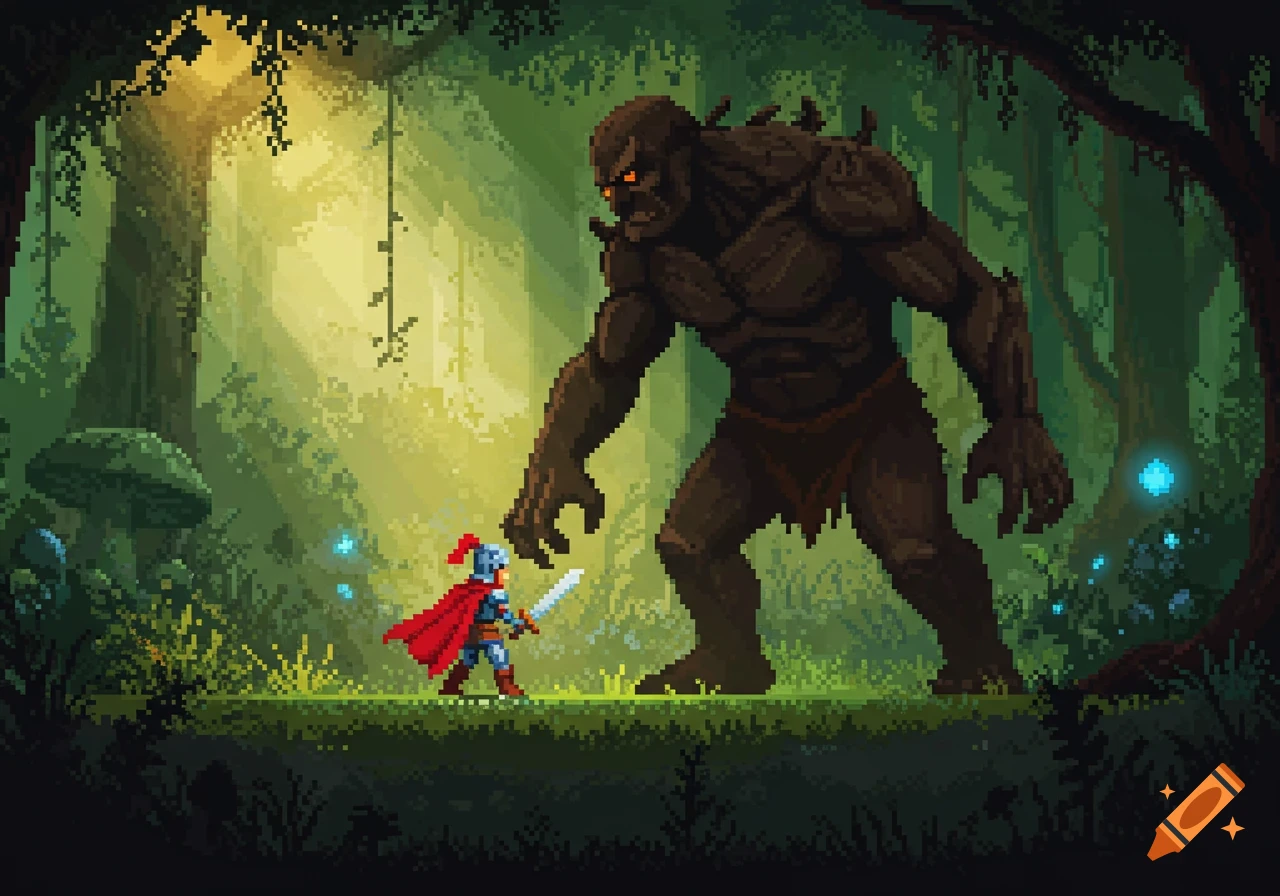 Pixel art of a tiny knight with a red cape and sword confronting a large, menacing monster in a glowing forest.