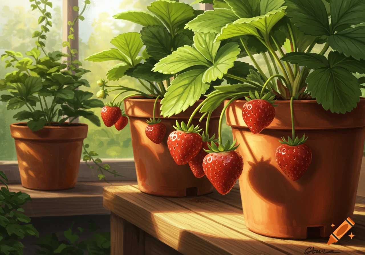 Potted strawberry plants with ripe red strawberries hanging on a sunlit wooden shelf.
