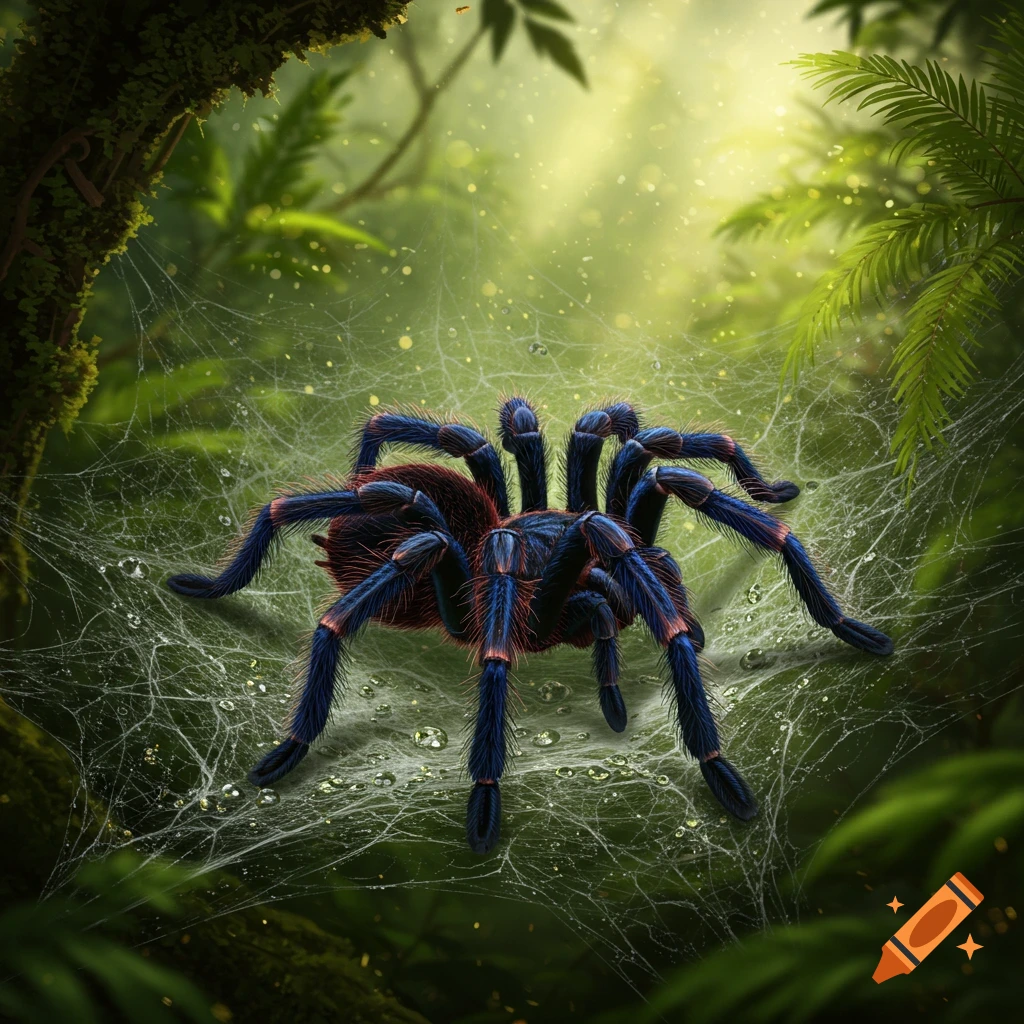 A vibrant blue and red tarantula rests on a dew-covered spiderweb in a lush, sunlit jungle.