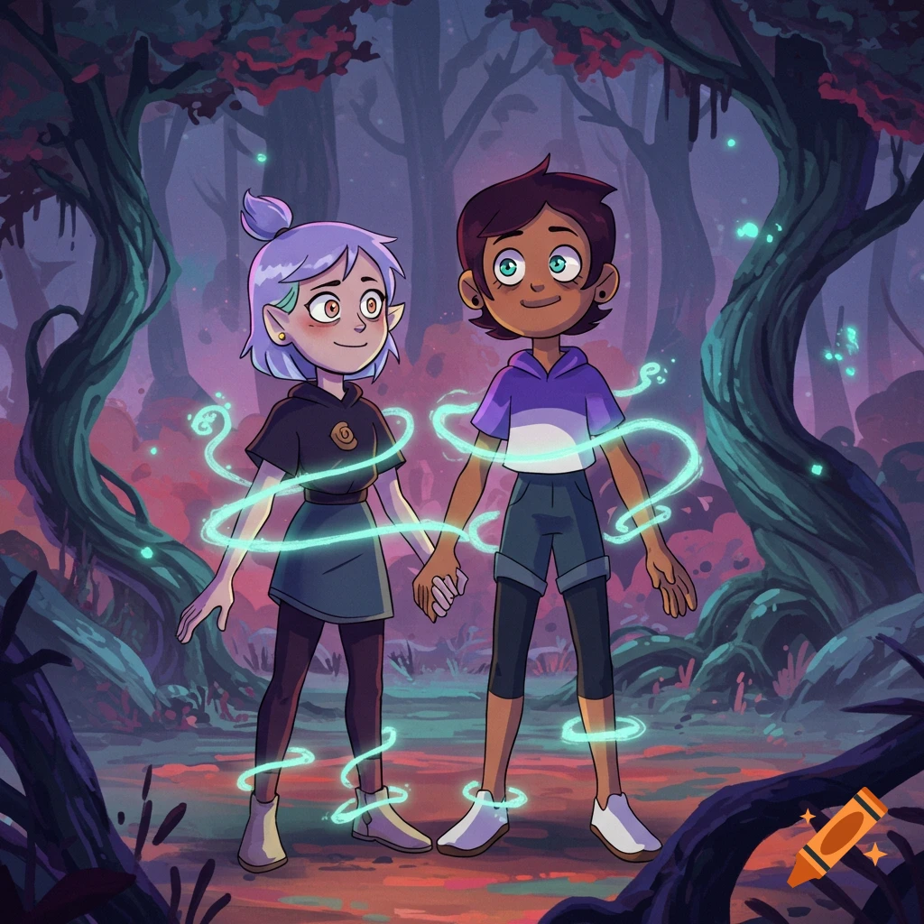 Animated characters Luz and Amity hold hands in a mystical forest, with glowing blue tendrils swirling around them.