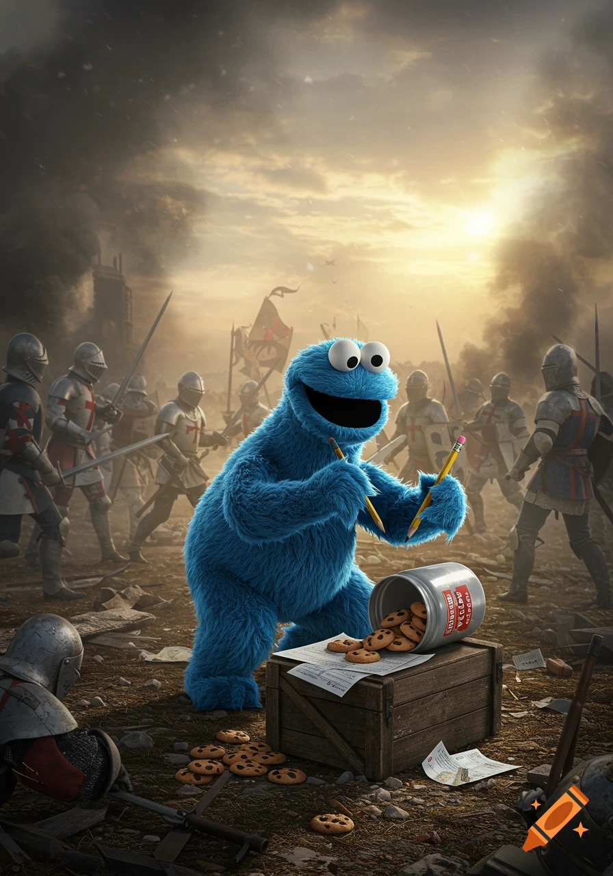 A blue, furry Cookie Monster holds two pencils, surrounded by spilled cookies and papers on a crate, amidst a chaotic medieval battlefield.
