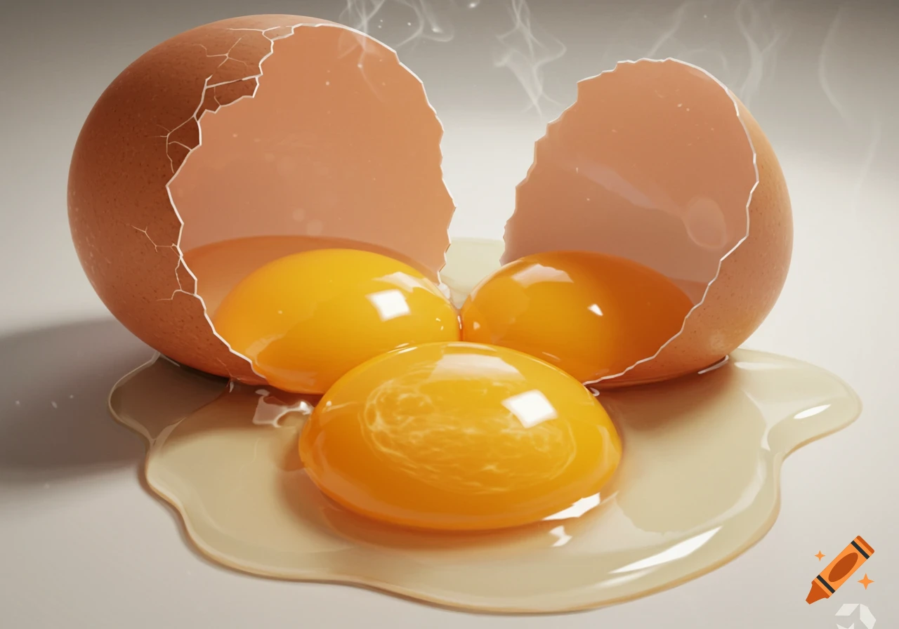 A photorealistic image of a cracked egg, with three bright yellow yolks and clear egg white spilled onto a light surface.