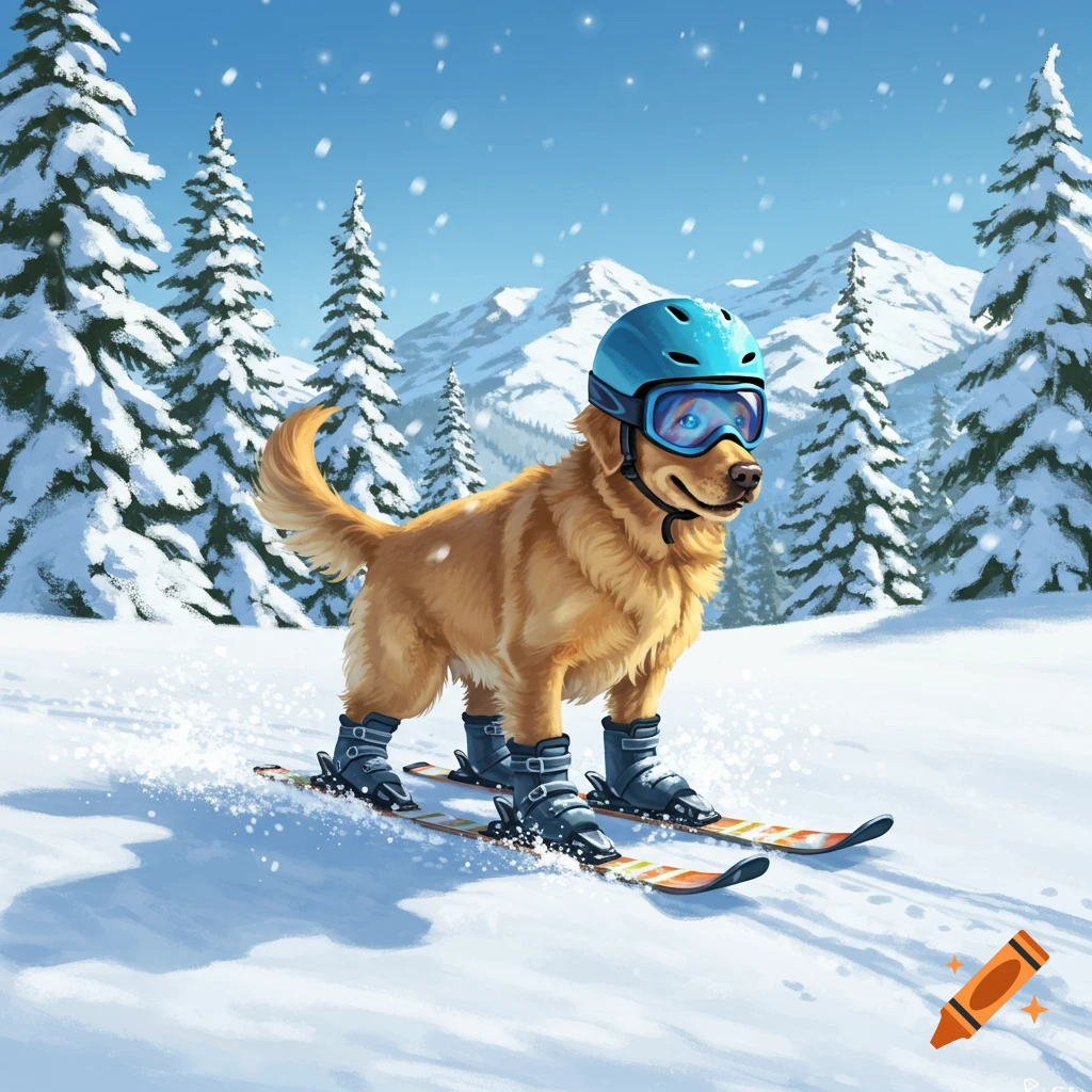 A golden retriever wearing a blue helmet and goggles, skiing down a snowy mountain with pine trees in the background.