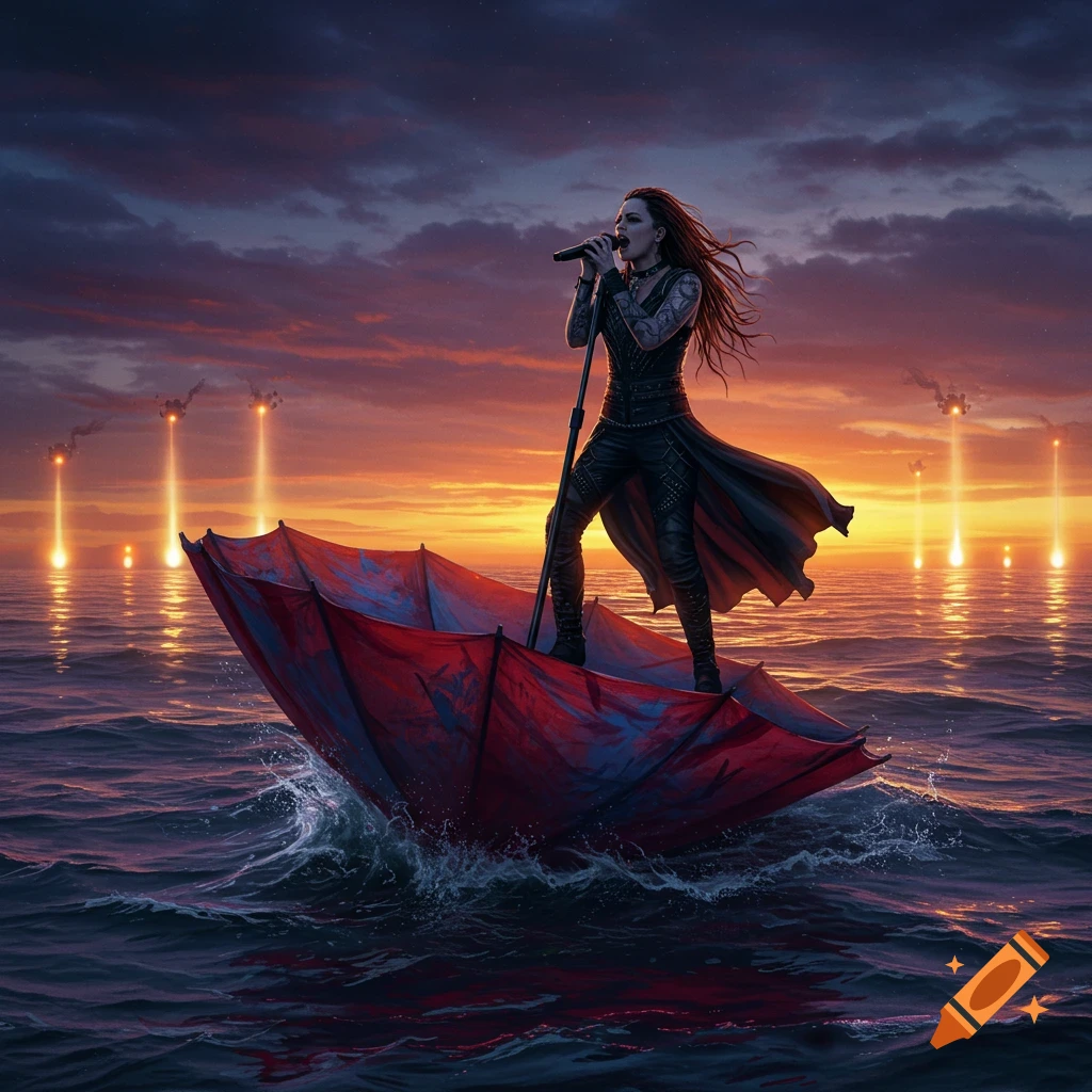A singer in a dark outfit stands on an open red umbrella floating on a choppy ocean at sunset, with bright lights on the horizon.