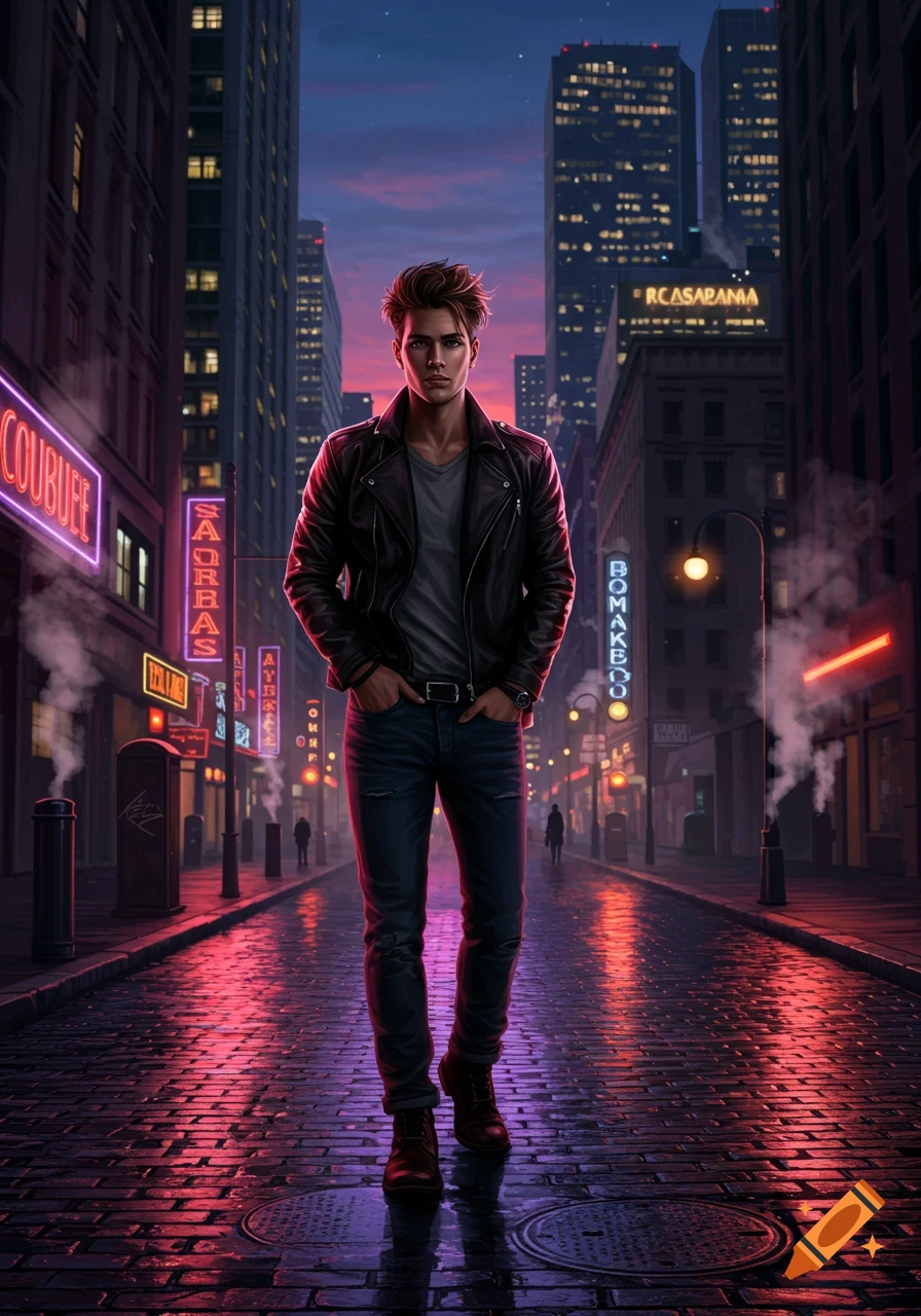 A man in a leather jacket and jeans stands on a wet, neon-lit city street at night, with tall buildings in the background.