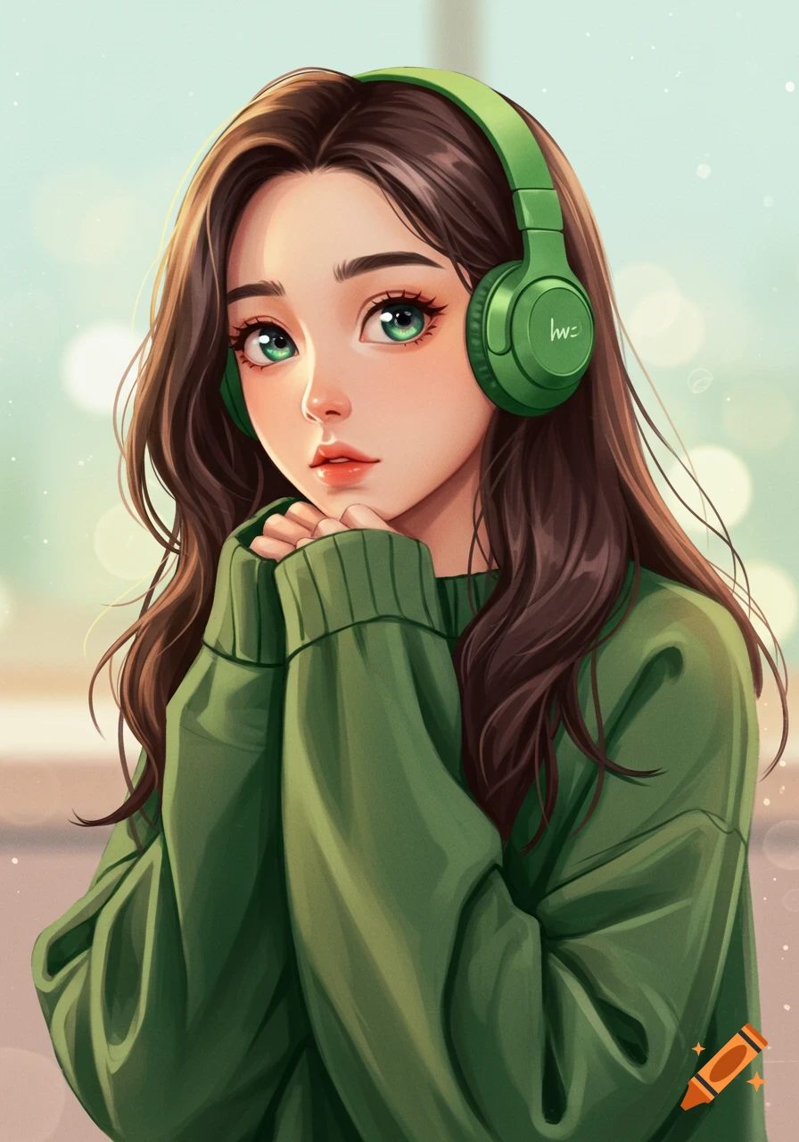 A young brunette woman in anime style wears a green sweater and green headphones, looking directly at the viewer.