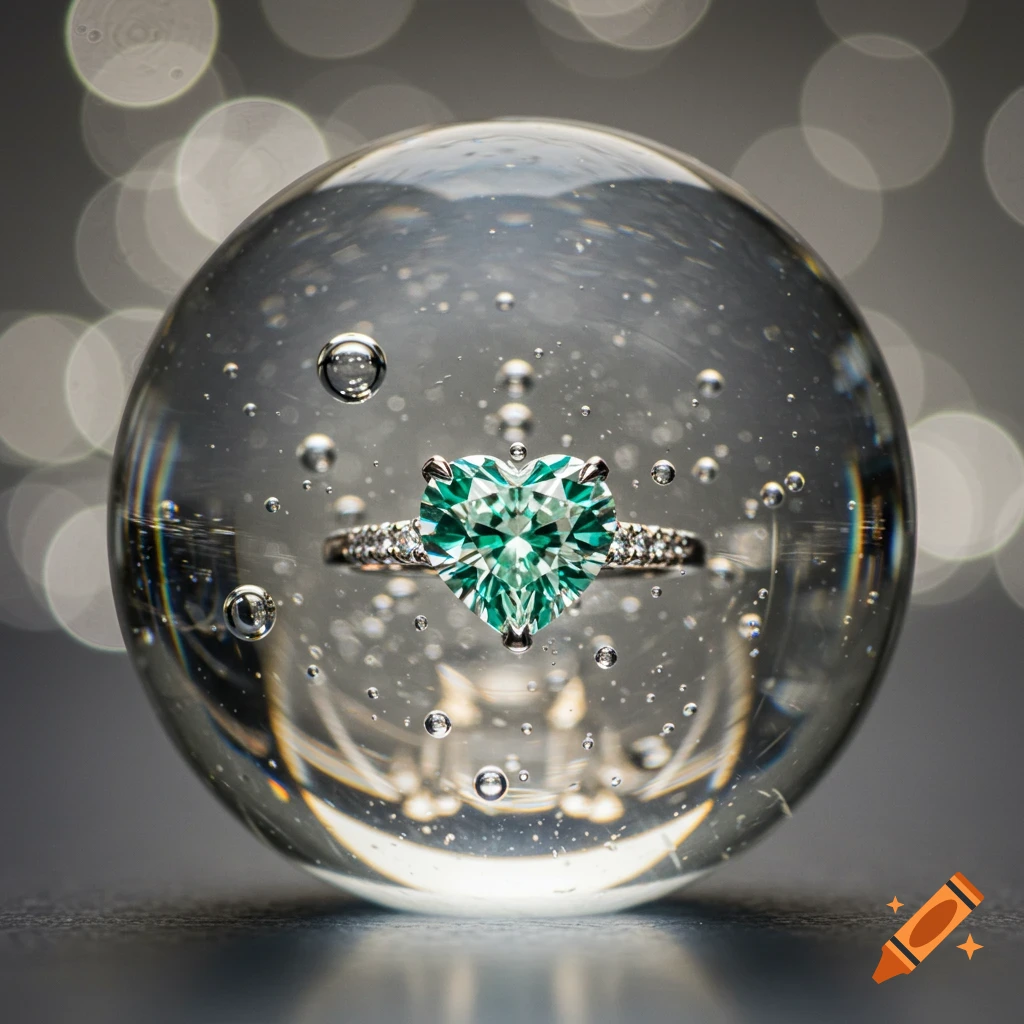 A heart-shaped green diamond ring suspended inside a clear glass sphere with floating bubbles, on a soft bokeh background.