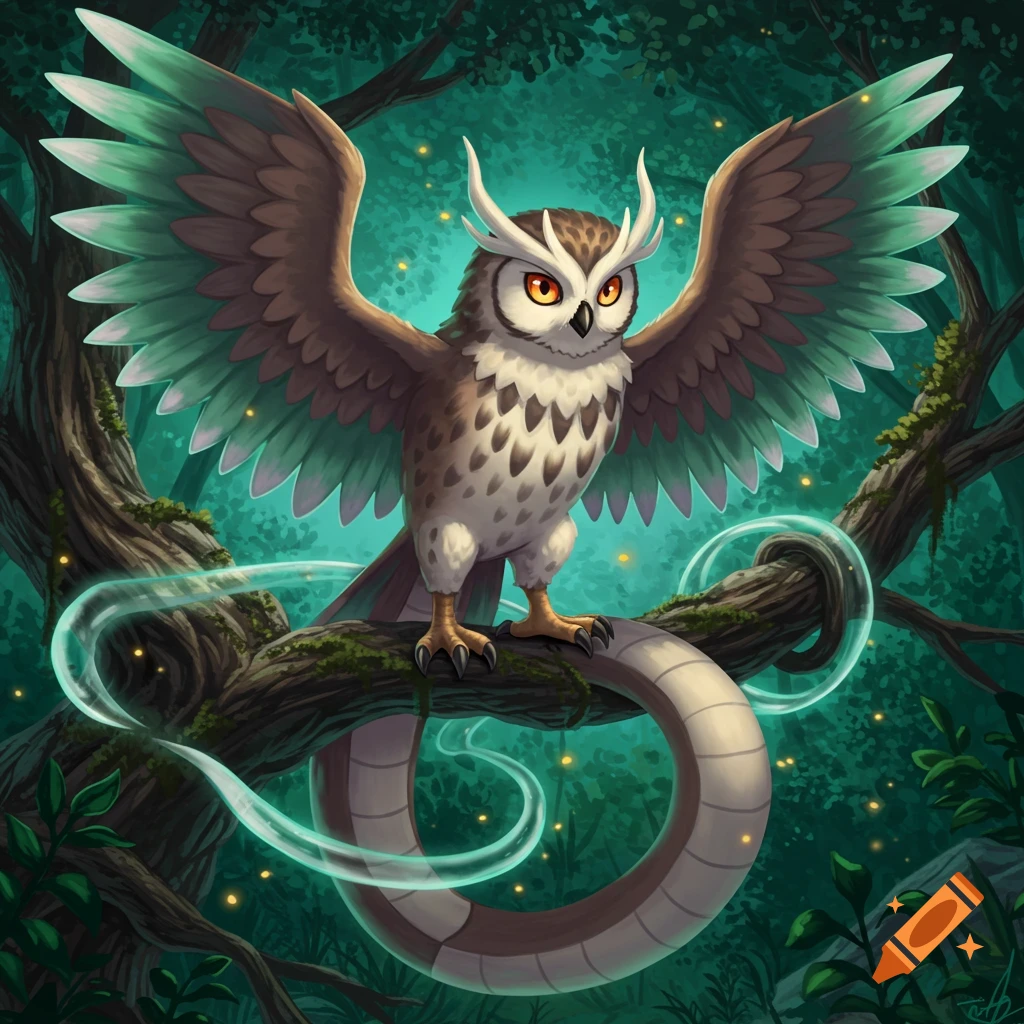 A cute brown and white owl-like creature with glowing teal wings and a snake-like tail stands on a mossy branch in a magical dark forest.