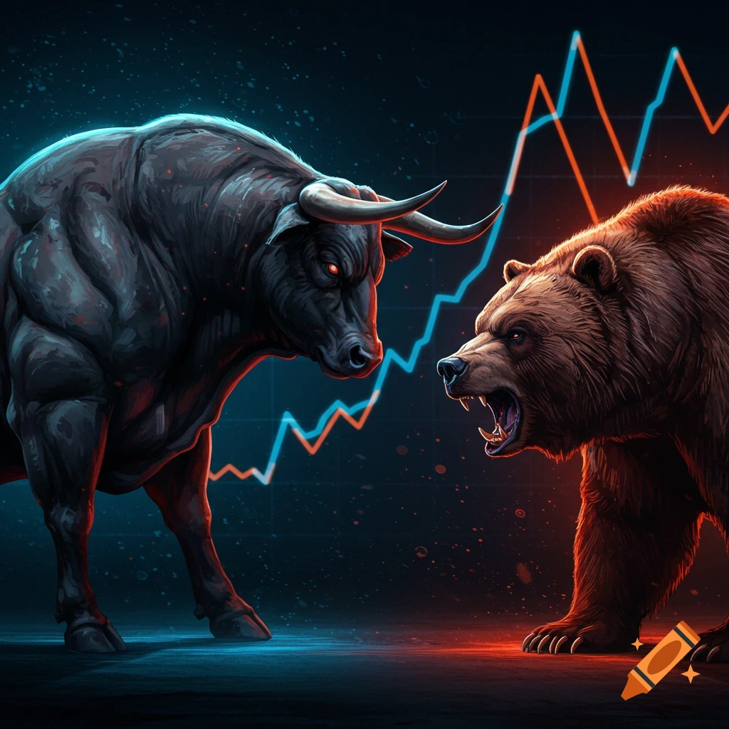 Powerful bull and roaring bear face off against a dark background with glowing financial market graphs, symbolizing investment themes.