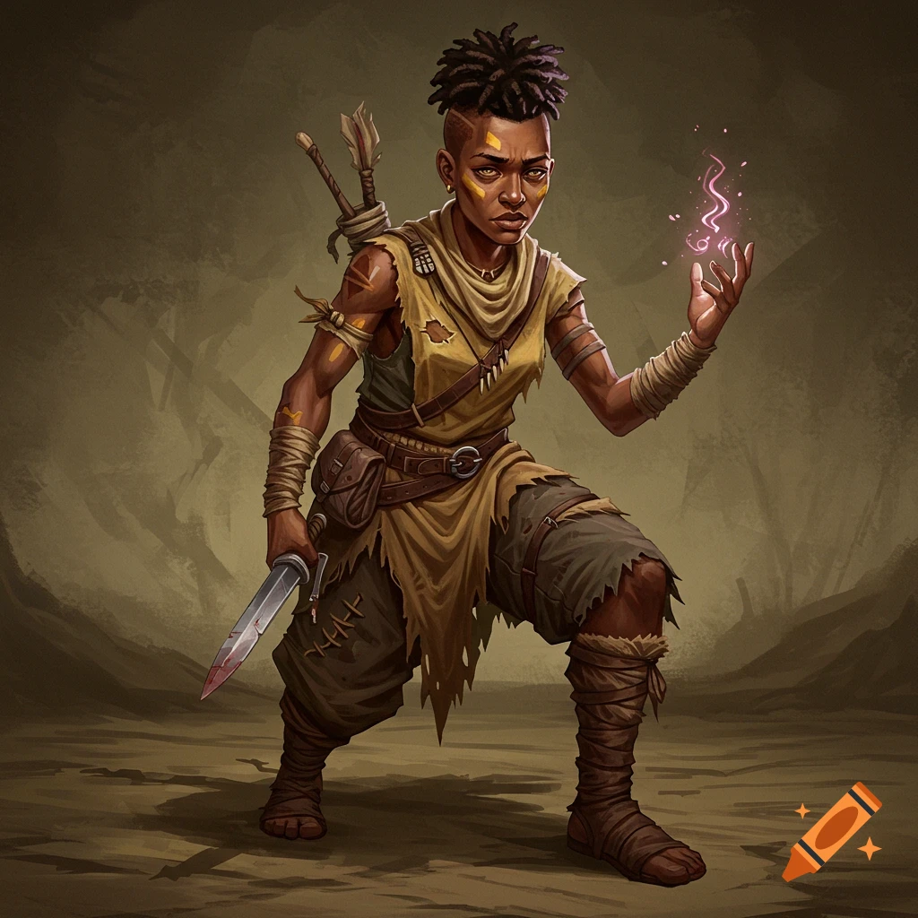 A fierce female warrior with dreadlocks and ragged clothes crouches, holding a bloody knife and casting purple magic.