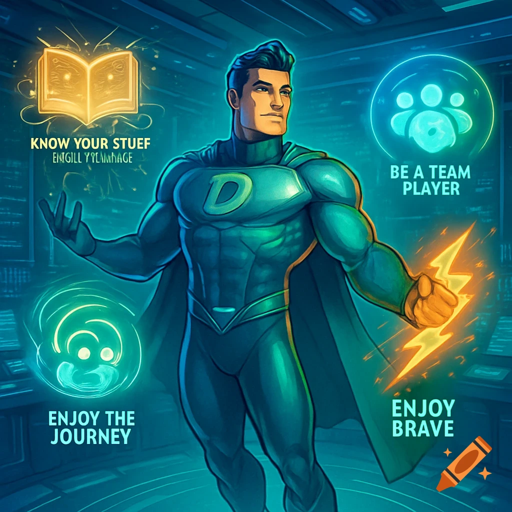 A superhero in a green and blue suit with a 'D' on his chest stands amidst glowing symbols representing his superpowers: an open book, a group of figures, a swirling happy face, and a lightning bolt. Text accompanies each symbol.