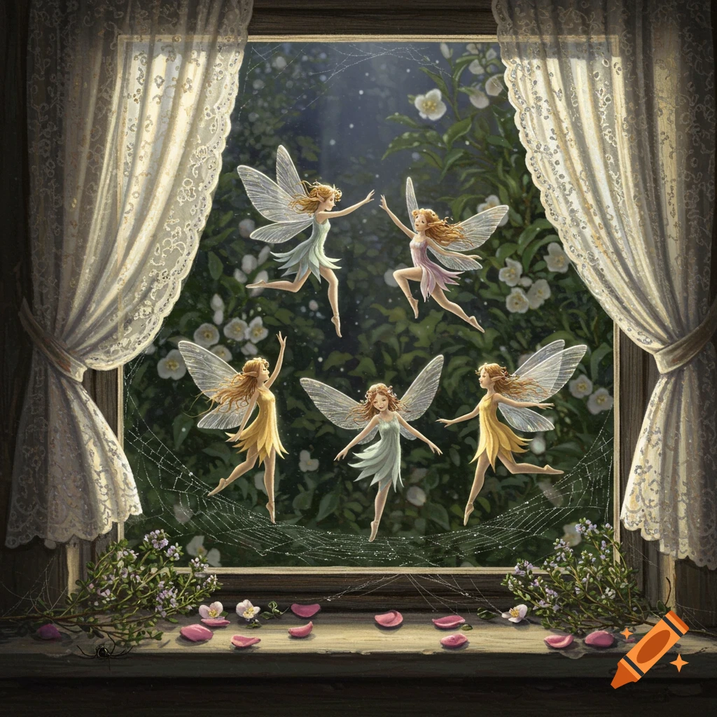 Five dancing fairies with translucent wings and colorful dresses framed by a window with lace curtains, overlooking a lush green garden with white flowers.