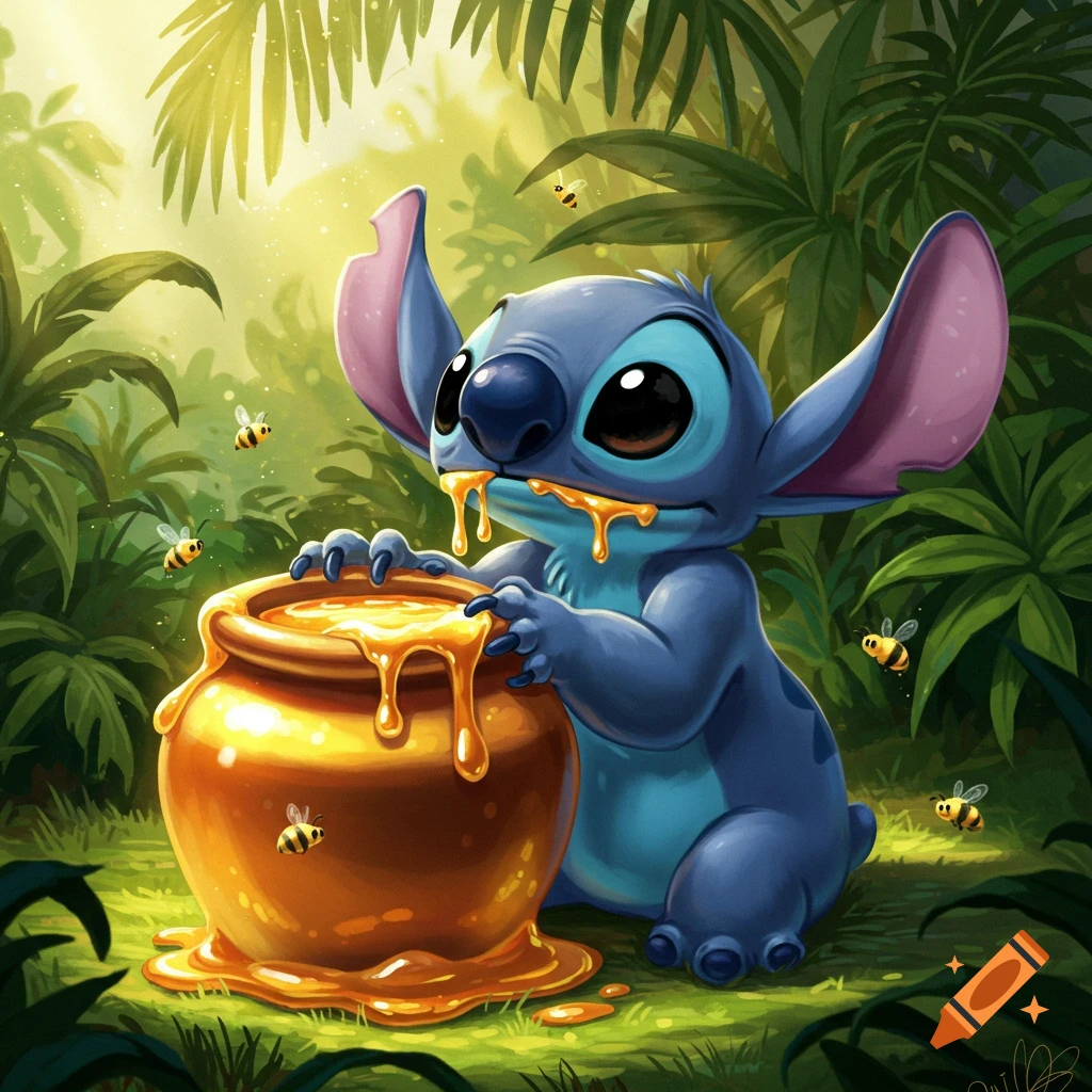 Cartoon Stitch licks honey dripping from a pot in a vibrant jungle setting with bees flying.