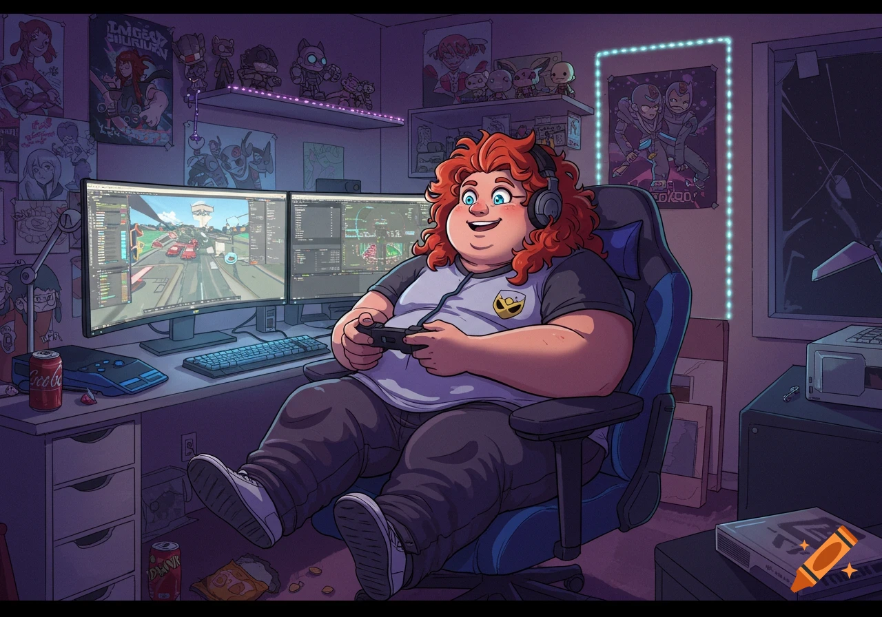 A red-haired gamer wearing headphones plays video games on a dual monitor setup in a colorful, cartoon-style room.