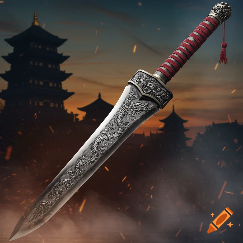 A detailed Chinese Tang sword with dragon engravings on the blade and a red wrapped hilt, set against silhouetted pagodas at dusk with flying embers.