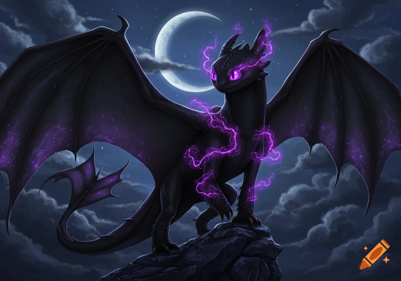 A black dragon with purple glowing eyes and purple lightning effects on its body stands on a rock under a crescent moonlit night sky.