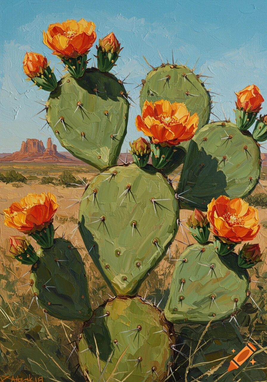 Oil painting of a prickly pear cactus with vibrant orange blossoms in a desert landscape with mountains under a blue sky.