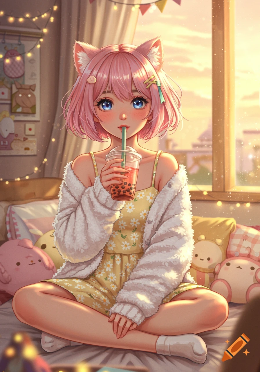 Anime girl with pink hair and cat ears sitting on a bed, drinking bubble tea in a cozy room with sunset light.