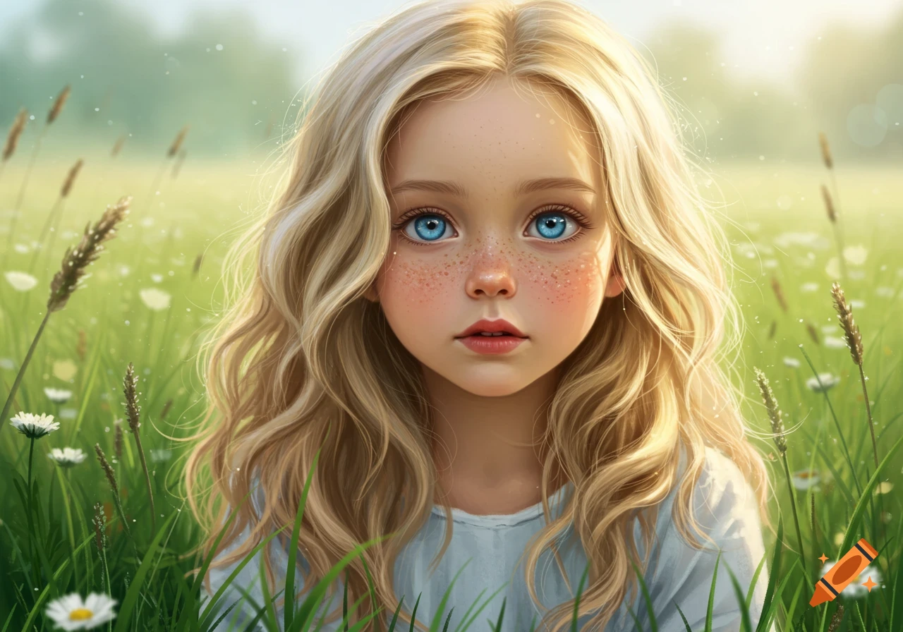 Close-up portrait of a blonde-haired girl with bright blue eyes and freckles, sitting in a sunny green field with white flowers.
