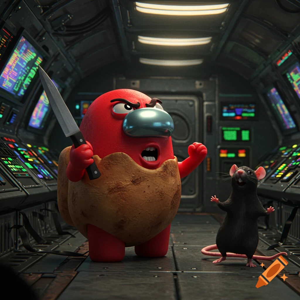 An angry red Among Us character in a potato shell holds a knife toward a happy black rat inside a detailed spaceship cockpit.