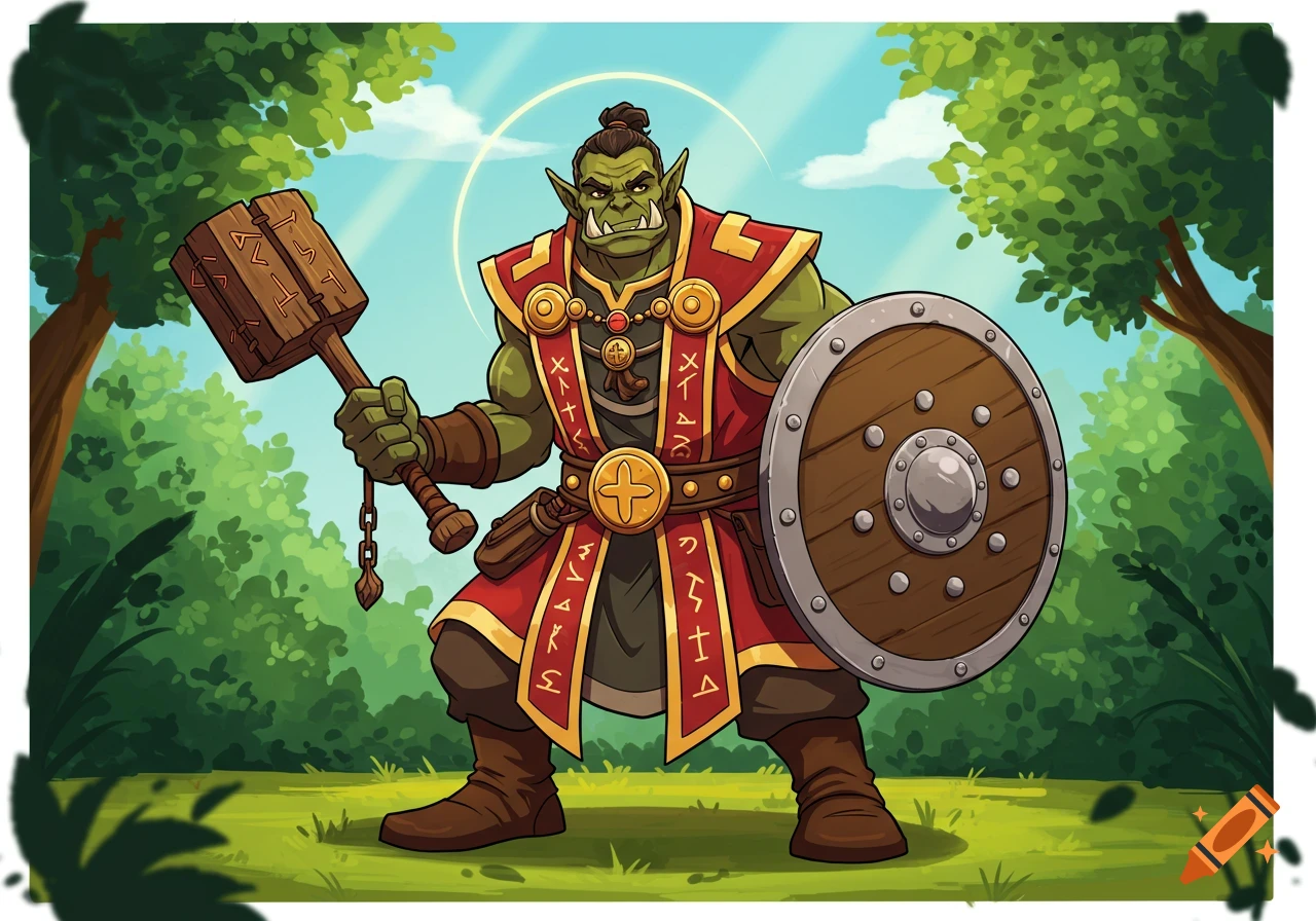 A cartoon orc cleric in red and gold robes, holding a wooden mace and a round shield, standing in a forest.