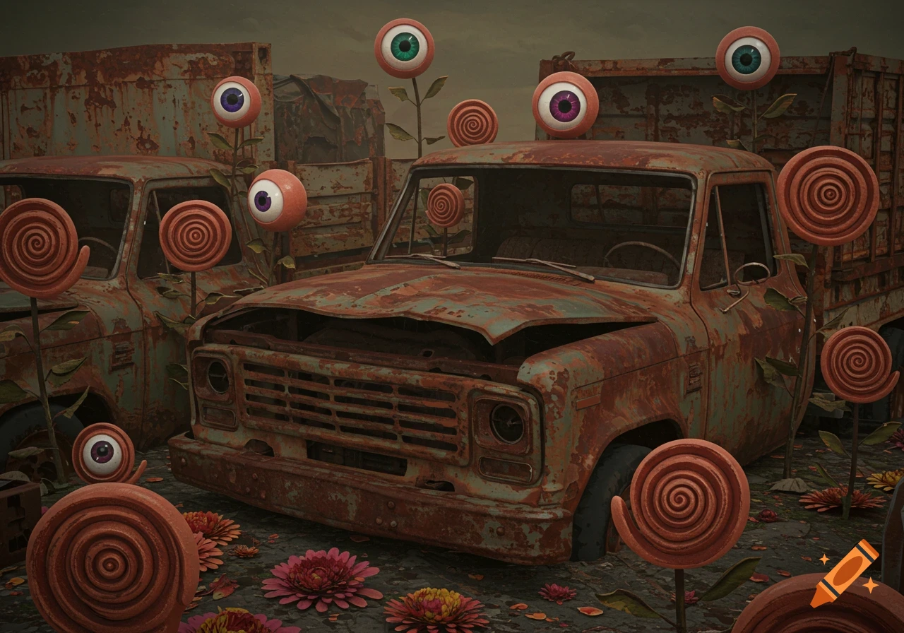 Two rusty abandoned trucks in a gloomy scene, with cartoon eyes and spiral flowers growing around them in a surreal, eerie style.