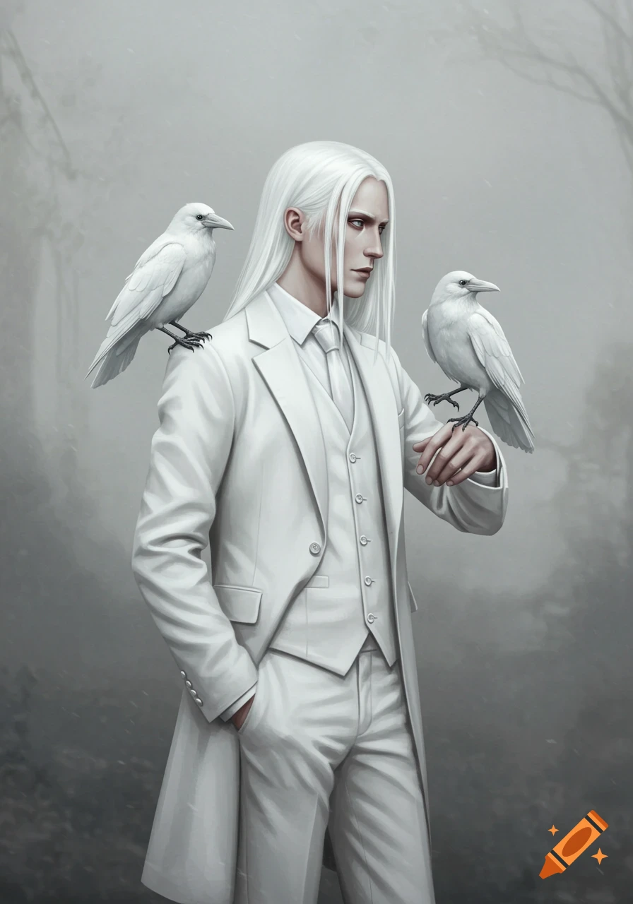 A white-haired man in a white suit stands in profile with two white crows perched on his shoulders against a misty gray background.