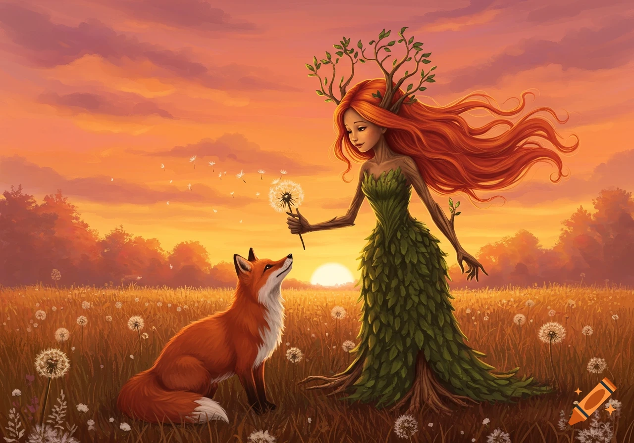 A red-haired tree-girl with leafy dress and branches in her hair offers a dandelion to a fox in a sunlit field, evoking a magical, peaceful scene.