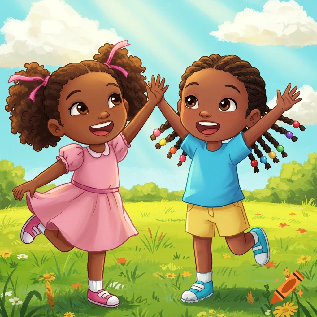 Two happy African American girls in a cheerful children's book style illustration, playing outdoors in a sunny field.