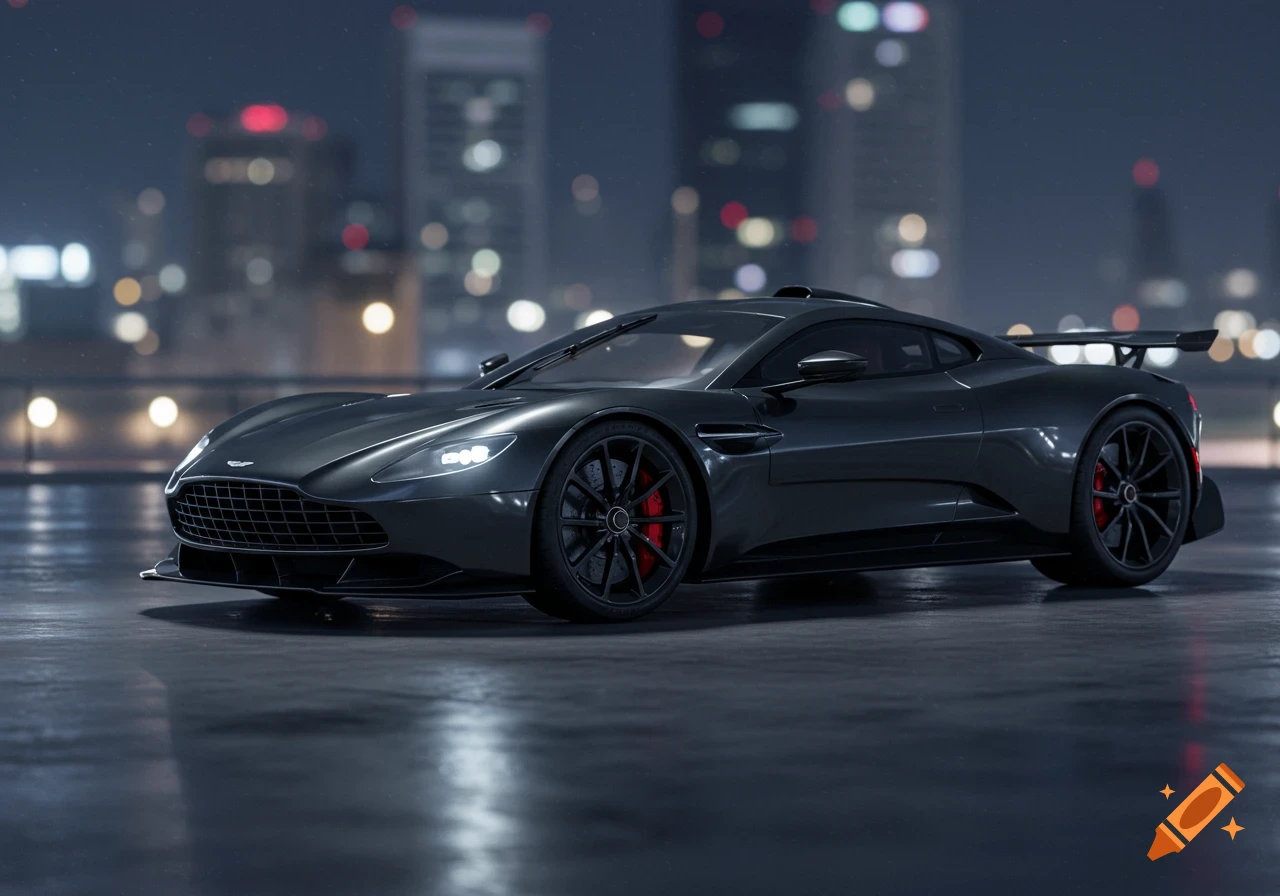A dark gray Aston Martin Valkyrie sports car parked on a wet surface at night with a blurred city skyline in the background.