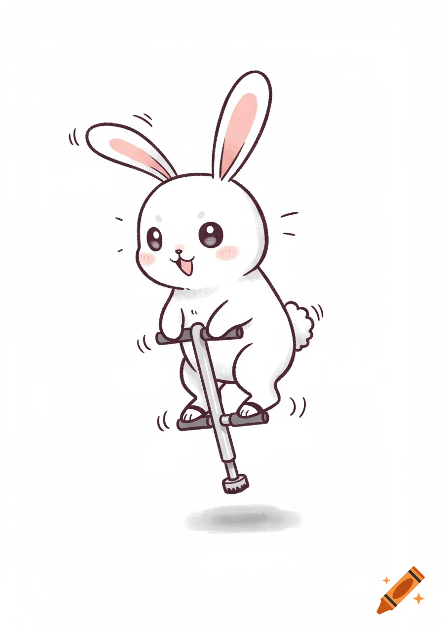 A cute cartoon white bunny with pink ears is happily bouncing on a gray pogo stick.