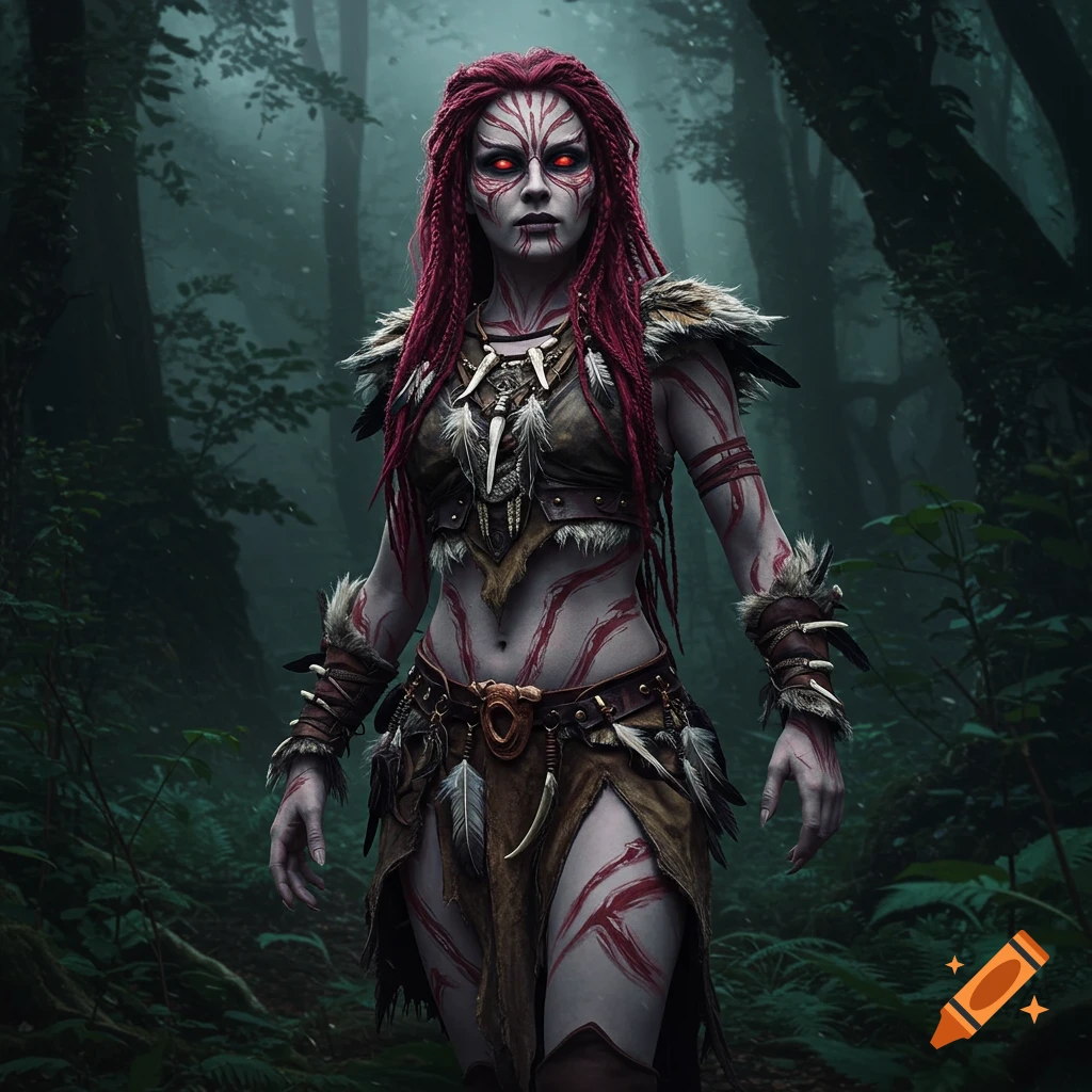 A fantasy huntress with pale skin, red tribal markings, red glowing eyes, and crimson dreadlocks, wearing tribal clothes in a misty forest.
