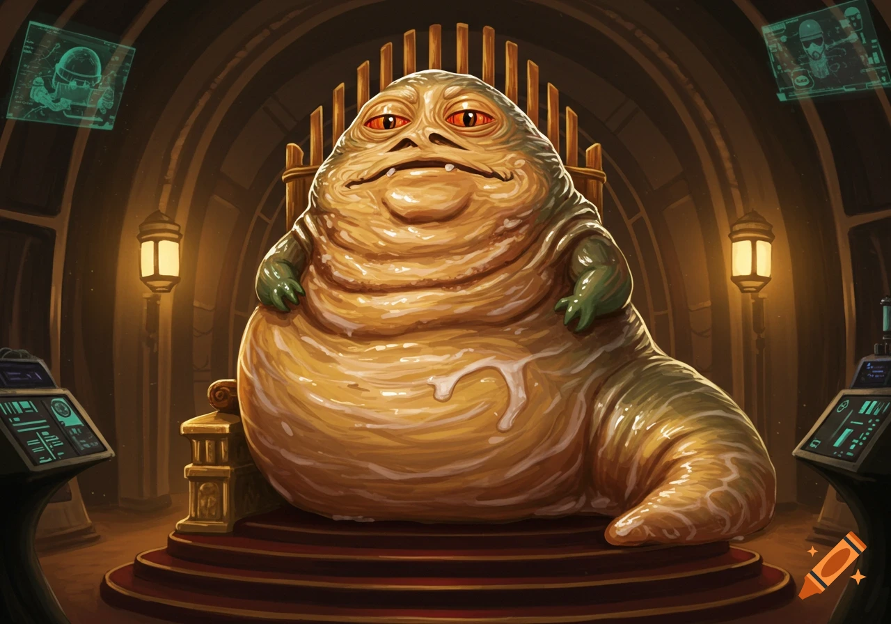 An illustration of Jabba the Hutt with a cinnamon bun-like body, sitting on a throne in a dimly lit, sci-fi chamber.
