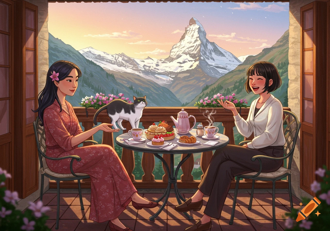 Two Asian women and a tuxedo cat enjoy coffee and cake on a balcony overlooking the Swiss Alps, in Disney style art.