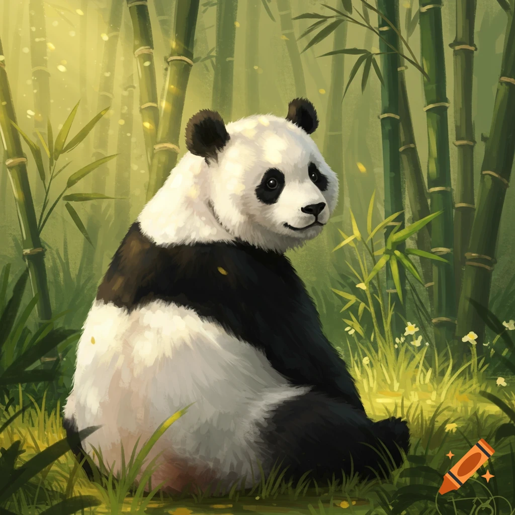 A fluffy panda sits in a lush green bamboo forest, looking back over its shoulder in a painterly style.