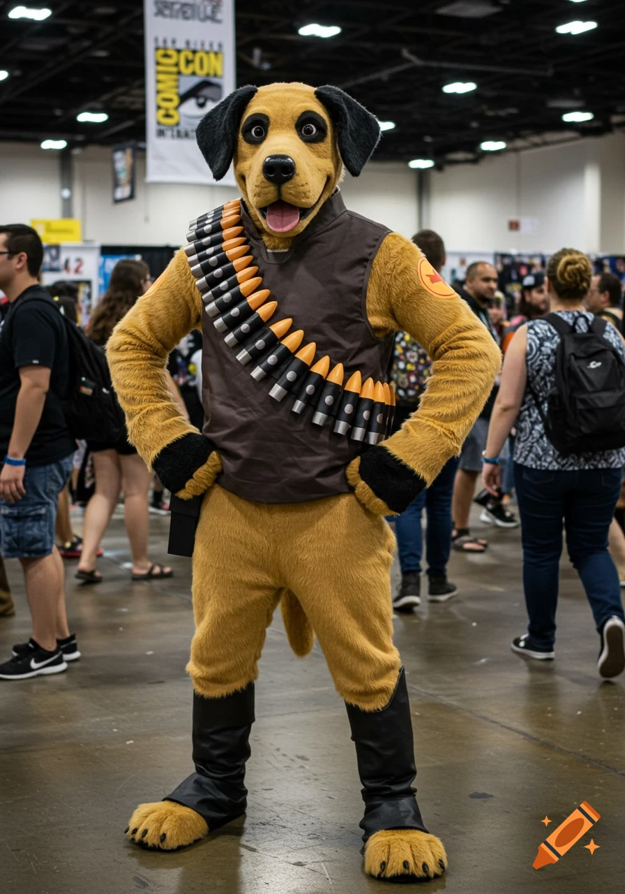A person in a dog mascot costume dressed as the TF2 Heavy character, wearing a bullet belt, stands at Comic-Con.