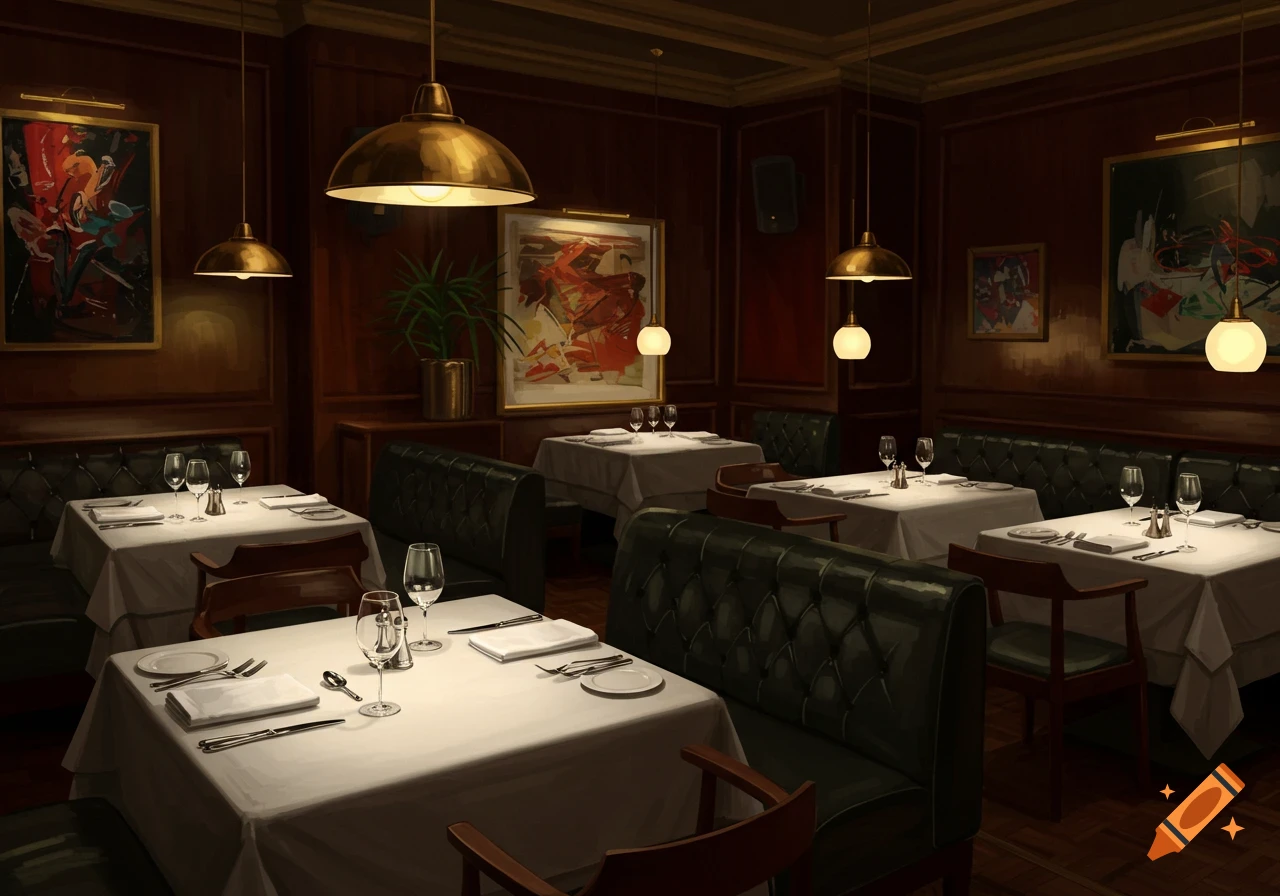 A classy restaurant interior with white-clothed tables, dark green booths, and warm lighting from brass pendant lamps and abstract art on dark wood walls.