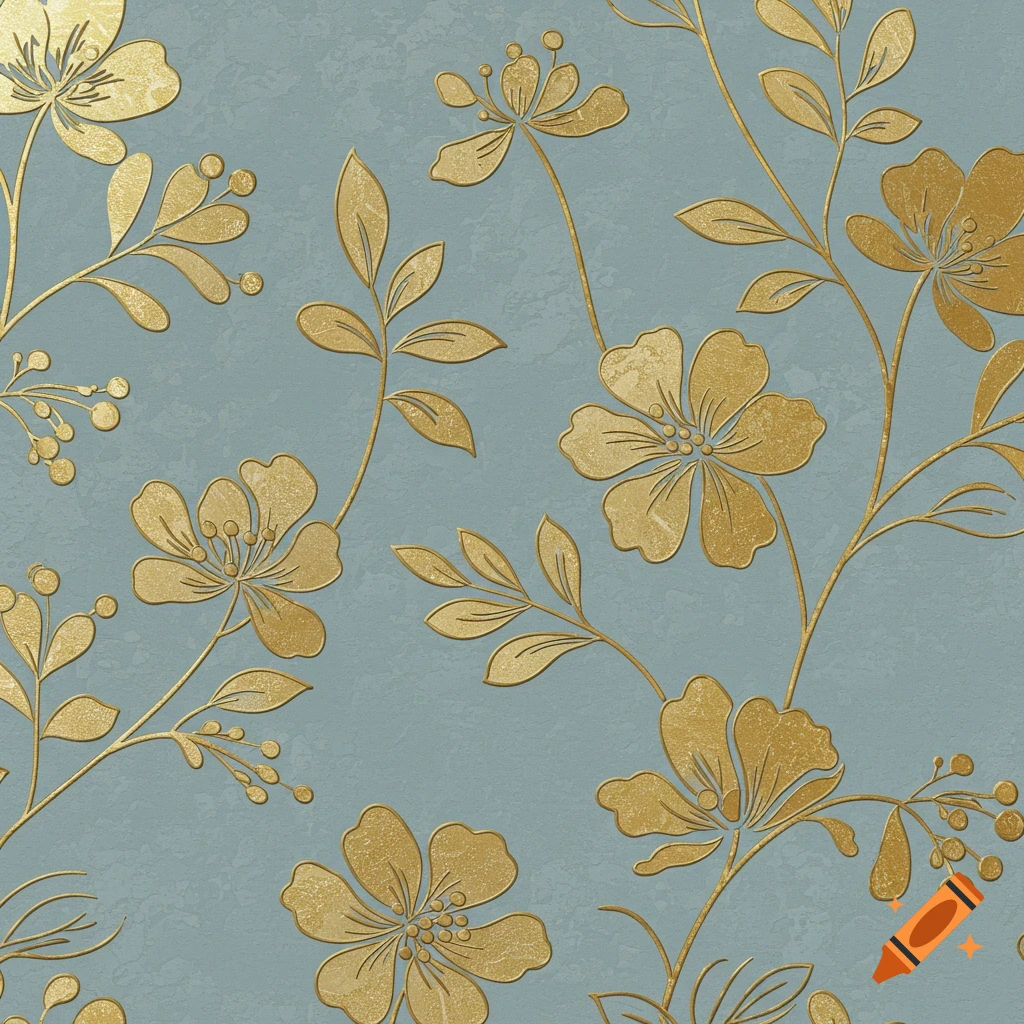 A seamless wallpaper pattern with metallic gold floral designs on a textured muted blue background.