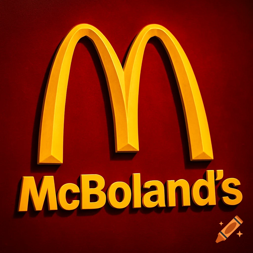 Gold McDonald's-style 'M' logo above 'McBoland's' text on a textured red background.
