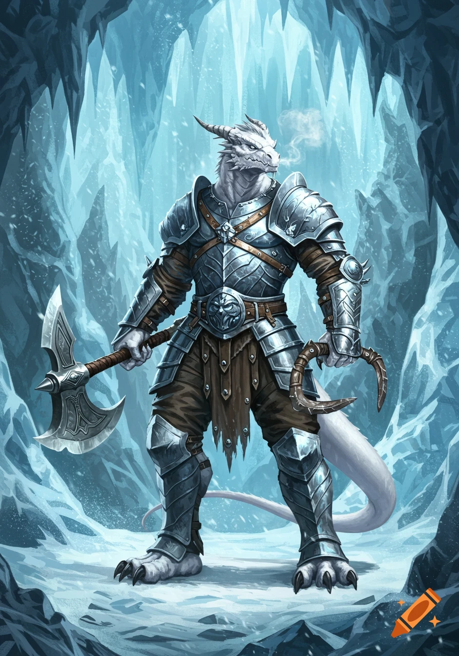 A white dragonborn warrior in plate armor holds an axe and sickles, standing in an icy cavern.