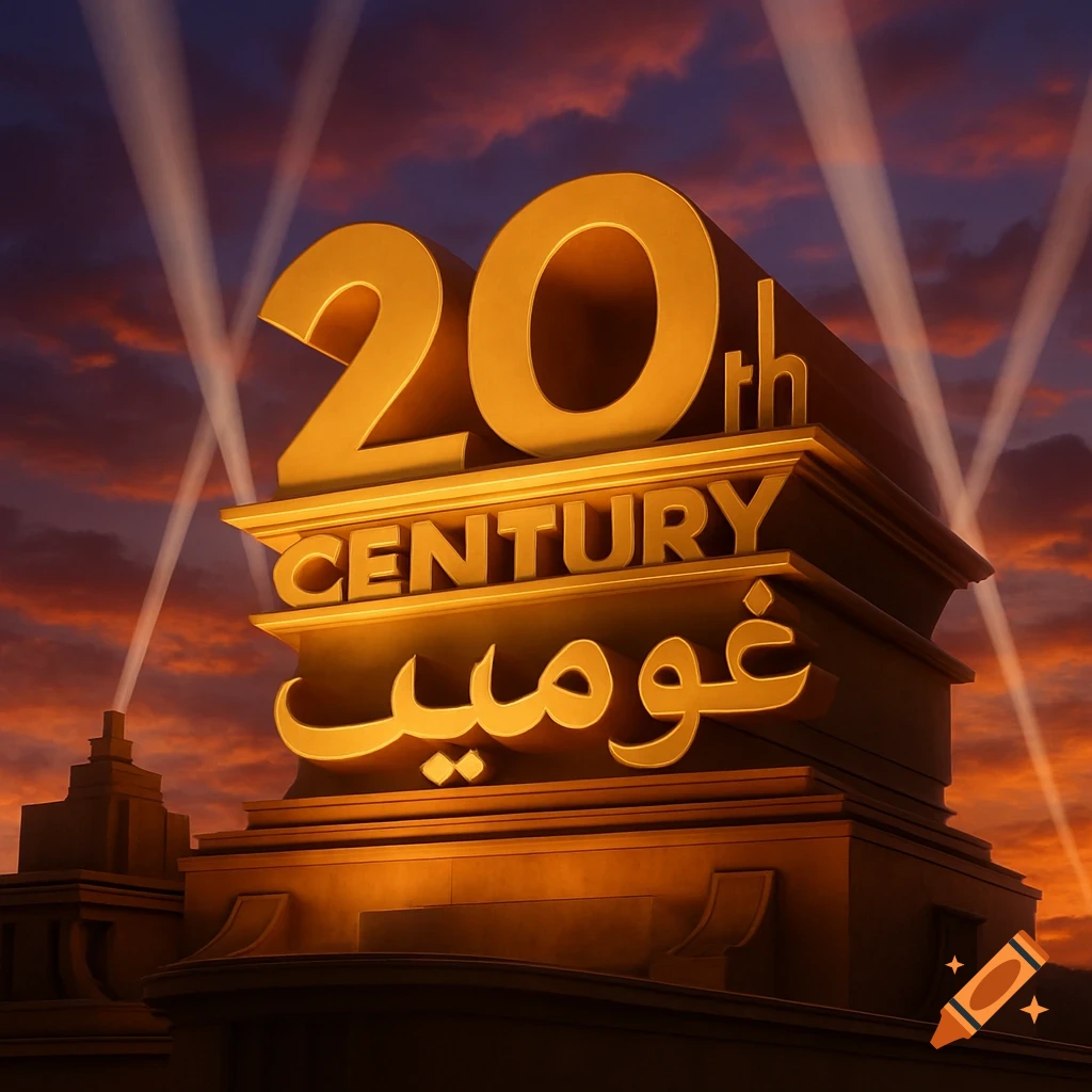A golden 3D '20th Century' and Arabic script 'غوميب' logo with spotlights against a dramatic sunset sky.