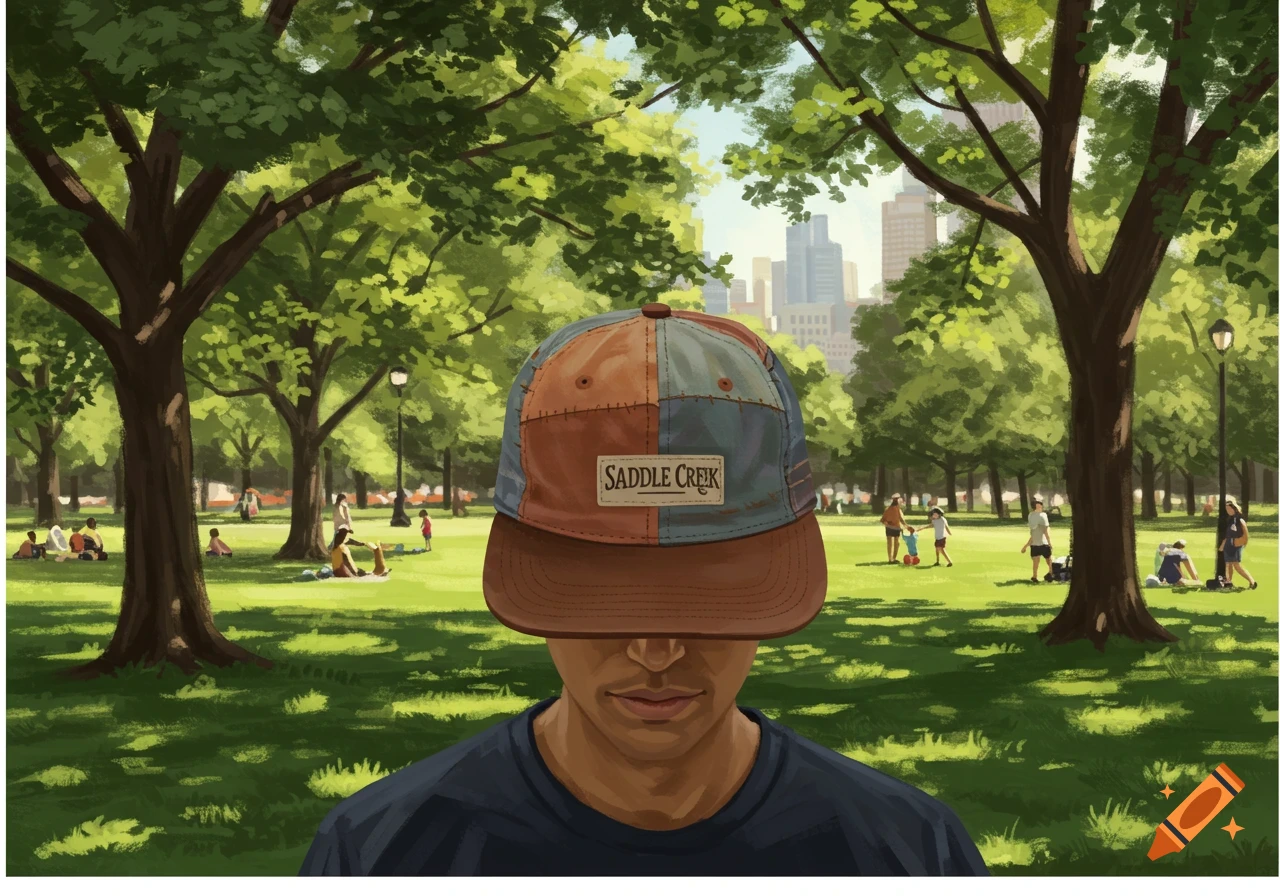 A close-up illustration of a person wearing a patchwork 'SADDLE CREEK' hat in a park with trees and city buildings in the background.