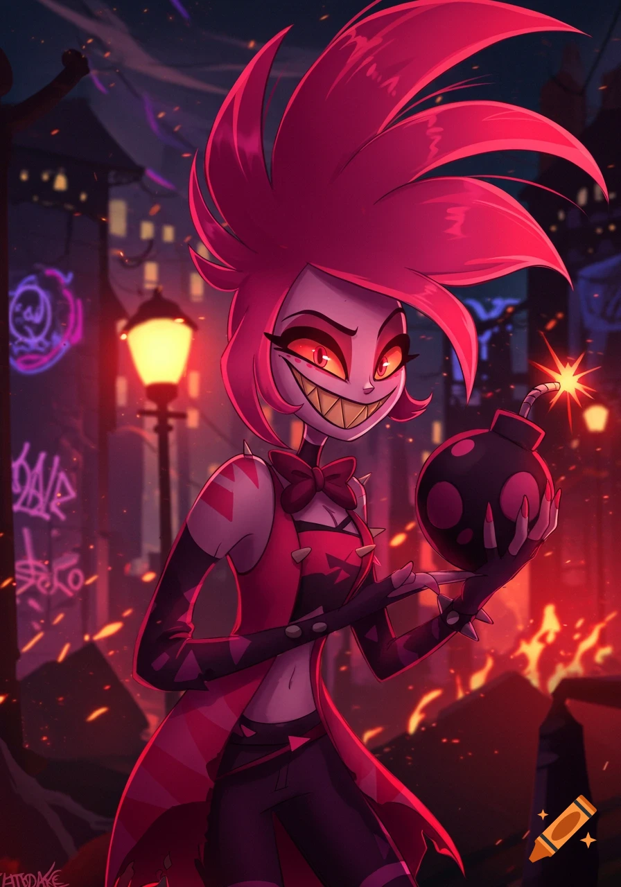 A grinning, pink-haired cartoon demoness with jagged teeth holds a lit bomb in a dark, fiery urban alleyway at night.