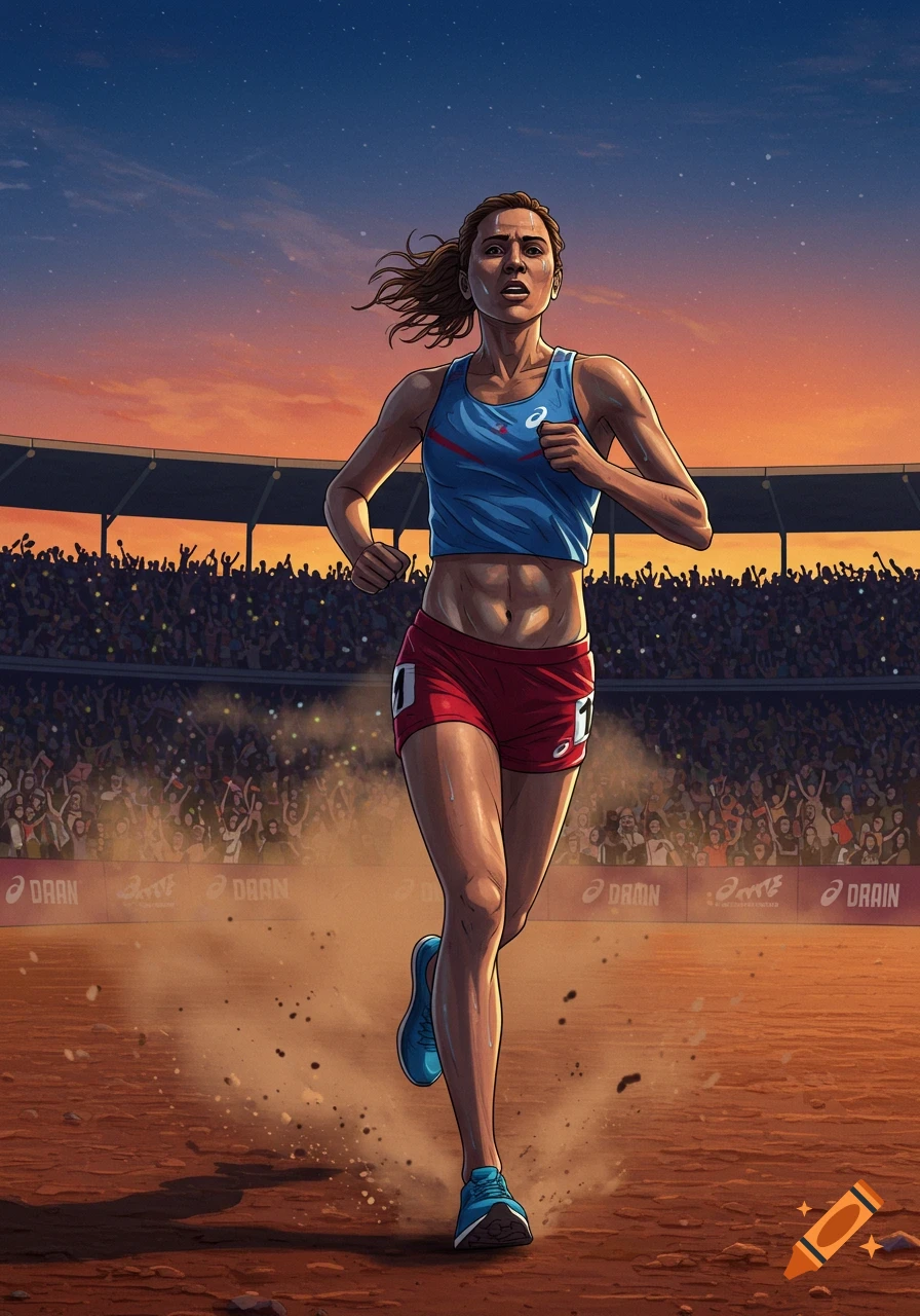 An illustration of a female runner in a blue top and red shorts sprinting on a dirt track in a stadium at sunset, kicking up dust.